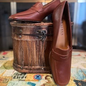 Lauren Ralph Lauren Darla Chunky Heels Womens Sz 8 Brown Leather Slip On Loafers